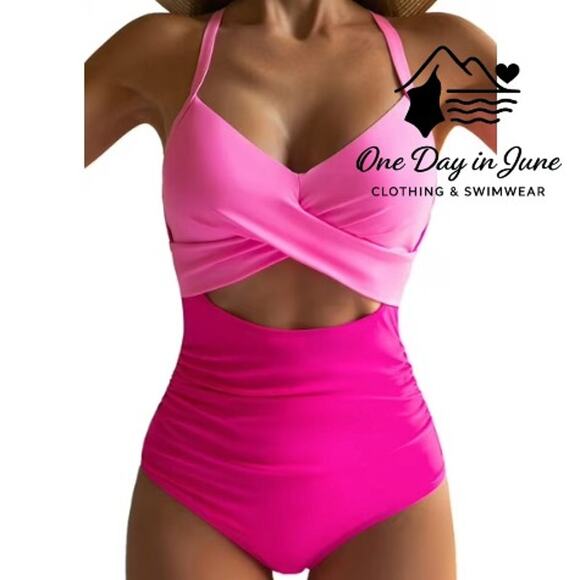 Eomenie Cross Front Cut Out Tie Back One Piece Swimsuit Size L - Picture 1 of 6